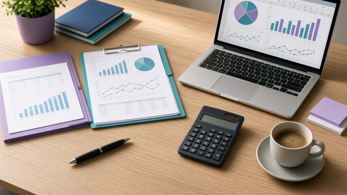 Mesa de trabalho organizada com documentos financeiros e planilhas